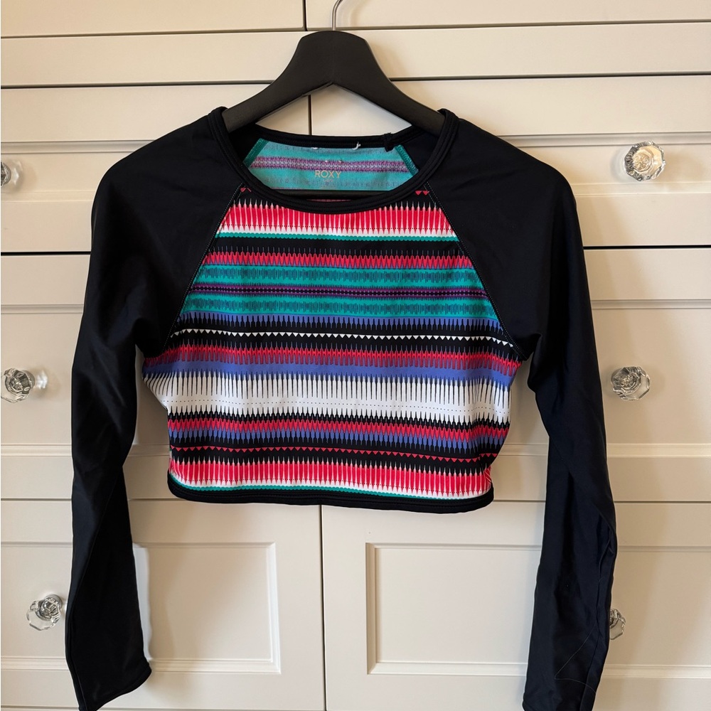 ROXY MULTICOLOUR GIRLS CROPPED RASH GUARD / SWIM TOP, SIZE LARGE
